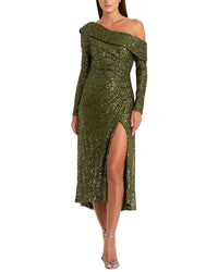 Mac Duggal One-Shoulder Sequin Midi Dress