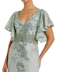 Mac Duggal Embroidered Flutter Sleeve Trumpet Gown