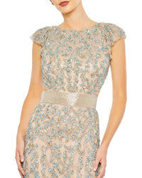 Mac Duggal Beaded Mesh Cap Sleeve High Neck Column Gown