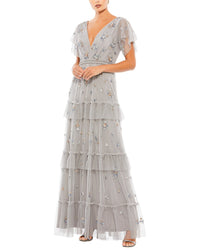 Mac Duggal Mesh Ruffle Embellished Flutter Sleeve Gown