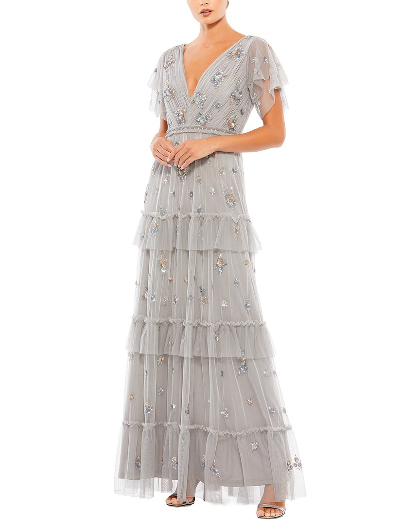 Mac Duggal Mesh Ruffle Embellished Flutter Sleeve Gown