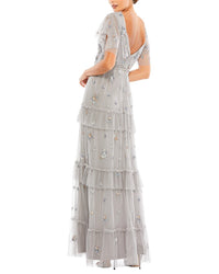 Mac Duggal Mesh Ruffle Embellished Flutter Sleeve Gown