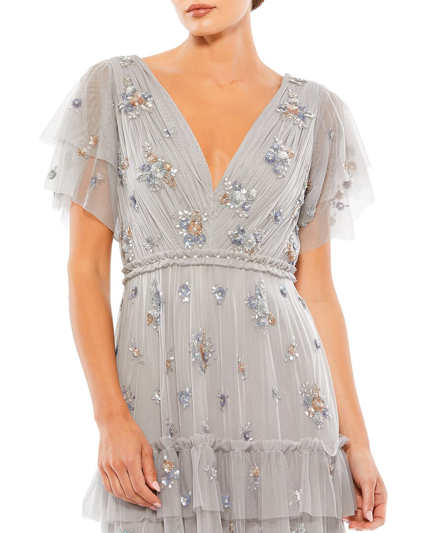 Mac Duggal Mesh Ruffle Embellished Flutter Sleeve Gown