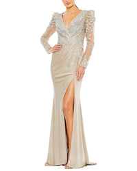 Mac Duggal Embellished Faux Wrap Illusion Puff Sleeve Gown