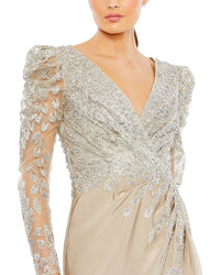 Mac Duggal Embellished Faux Wrap Illusion Puff Sleeve Gown