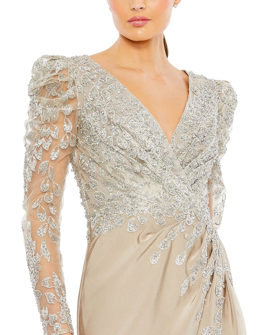 Mac Duggal Embellished Faux Wrap Illusion Puff Sleeve Gown
