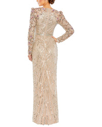 Mac Duggal Beaded Mesh Puff Sleeve V Neck Column Gown