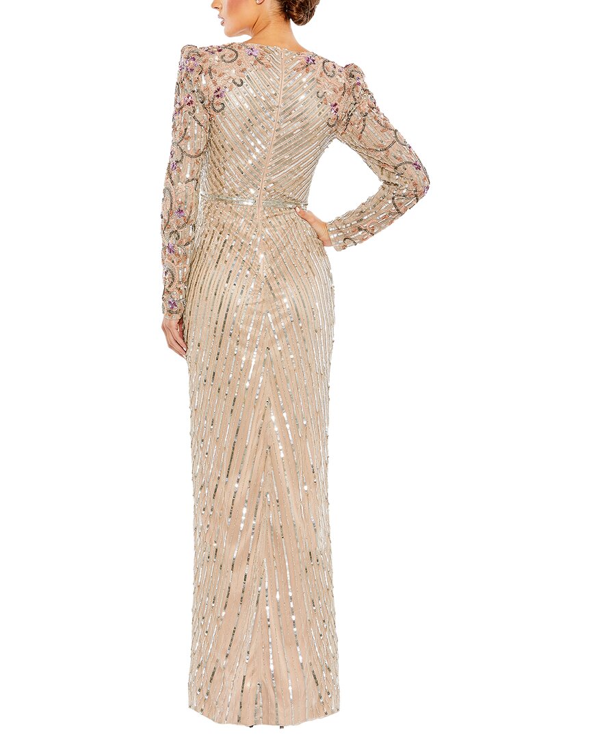 Mac Duggal Beaded Mesh Puff Sleeve V Neck Column Gown