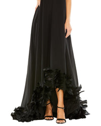 Mac Duggal Strapless Flare Feather Hem Gown