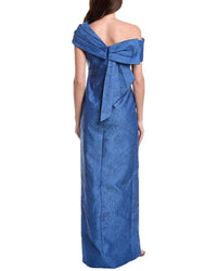 Teri Jon By Rickie Freeman Jacquard Asymmetrical Portrait Bow Shoulder Gown