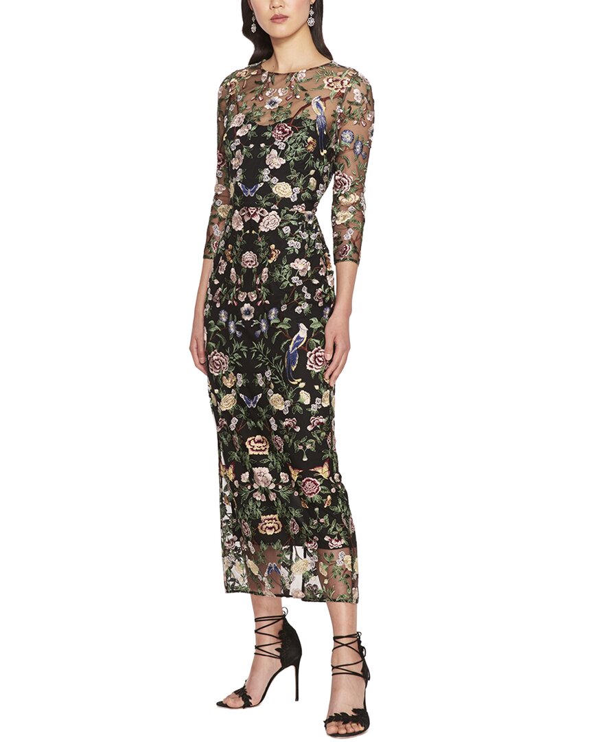 Marchesa Notte Long Botanical Embroidered Midi Dress