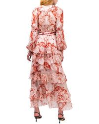 Marchesa Notte Belted Silk Chiffon Maxi Dress