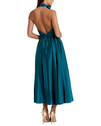 Mac Duggal Mac Duggal Pleated Charmeuse High Neck Midi Dress