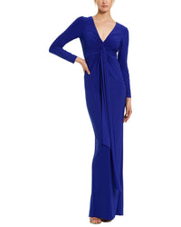 Mac Duggal Long Sleeve Jersey V Neck Twist Knot Gown