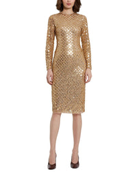 Mac Duggal Beaded Sequin Mesh Long Sleeve Fitted Midi Dress