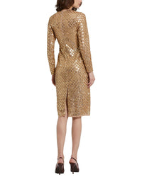 Mac Duggal Beaded Sequin Mesh Long Sleeve Fitted Midi Dress