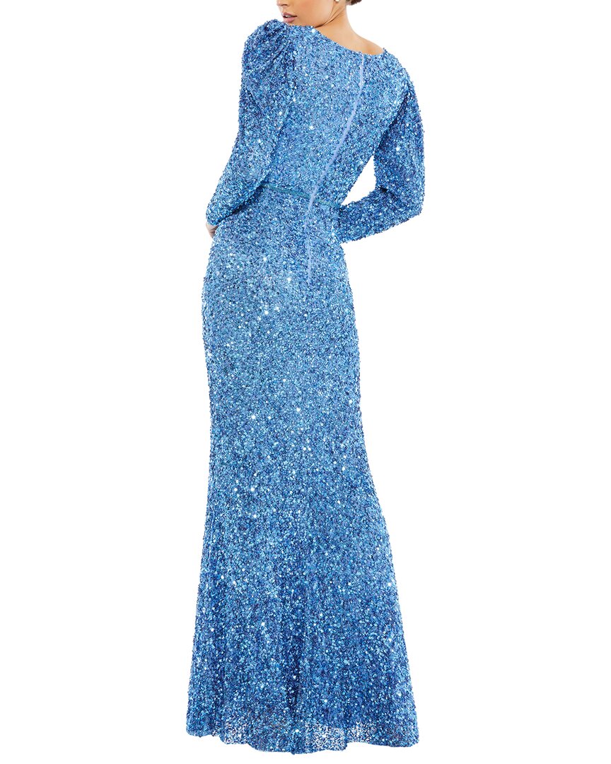 Mac Duggal Sequin V-Neck Puff Long Sleeve A-Line Gown