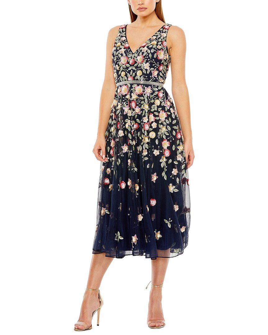 Mac Duggal Embroidered Mesh V-Neck Sleeveless Midi Dress