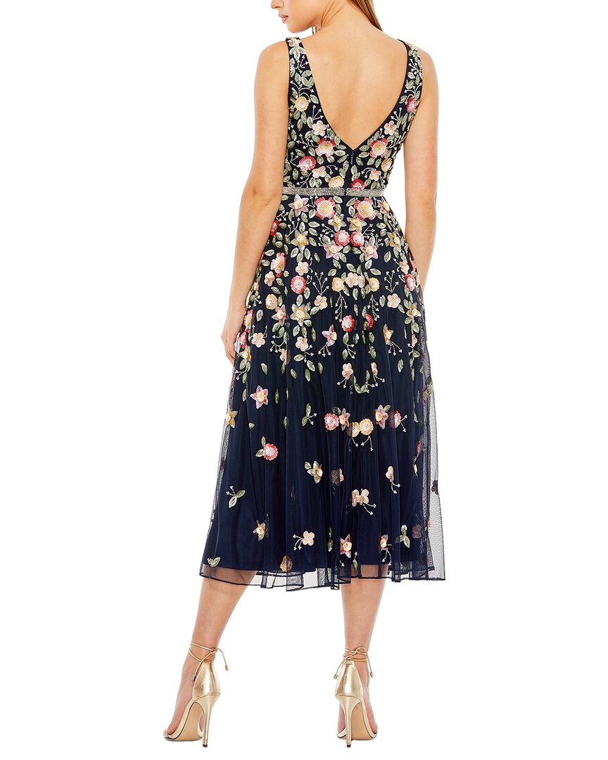 Mac Duggal Embroidered Mesh V-Neck Sleeveless Midi Dress
