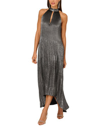 Adrianna Papell Sleeveless Pleated Metallic Ankle Length Halter Dress