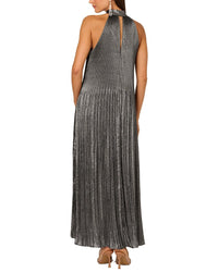 Adrianna Papell Sleeveless Pleated Metallic Ankle Length Halter Dress