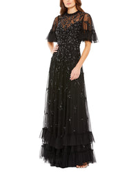 Mac Duggal Ruffle Floral Embellished Flutter Sleeve A Line Dress