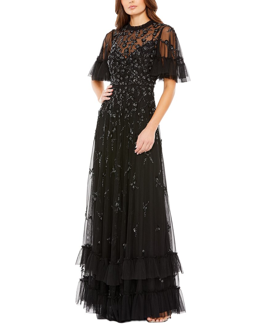 Mac Duggal Ruffle Floral Embellished Flutter Sleeve A Line Dress