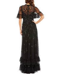 Mac Duggal Ruffle Floral Embellished Flutter Sleeve A Line Dress