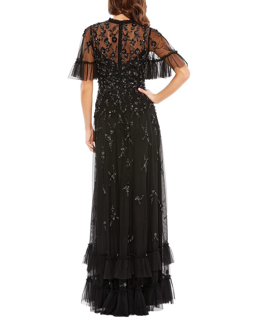 Mac Duggal Ruffle Floral Embellished Flutter Sleeve A Line Dress