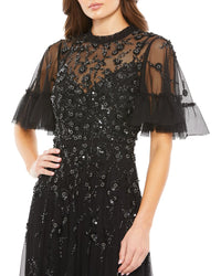 Mac Duggal Ruffle Floral Embellished Flutter Sleeve A Line Dress