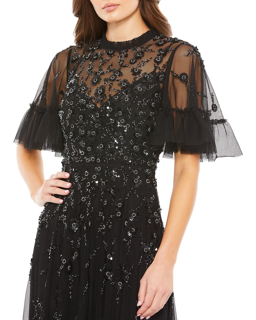 Mac Duggal Ruffle Floral Embellished Flutter Sleeve A Line Dress