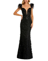 Mac Duggal Sheer Applique Bustier Gown With Feather Straps
