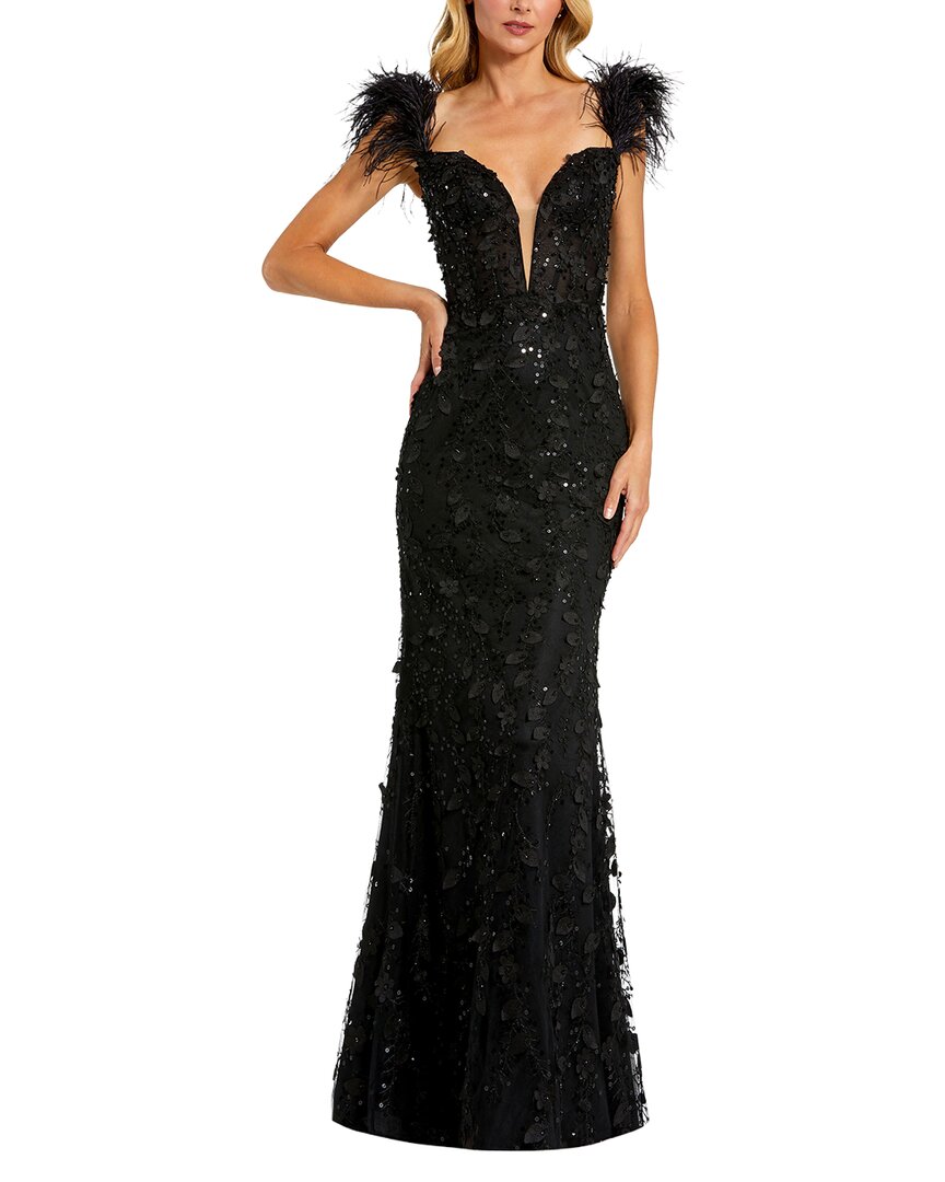 Mac Duggal Sheer Applique Bustier Gown With Feather Straps