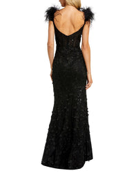 Mac Duggal Sheer Applique Bustier Gown With Feather Straps