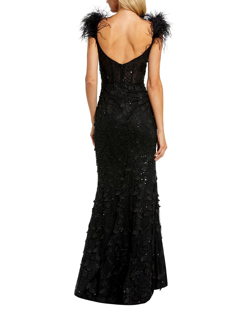 Mac Duggal Sheer Applique Bustier Gown With Feather Straps
