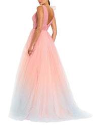 Mac Duggal Ruffle Shoulder V Neck Ombre Tulle Ballgown
