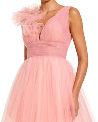 Mac Duggal Ruffle Shoulder V Neck Ombre Tulle Ballgown