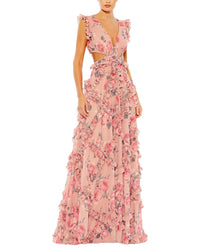 Mac Duggal Mac Duggal Ruffled Cut Out Cap Sleeve V-Neck Chiffon Gown