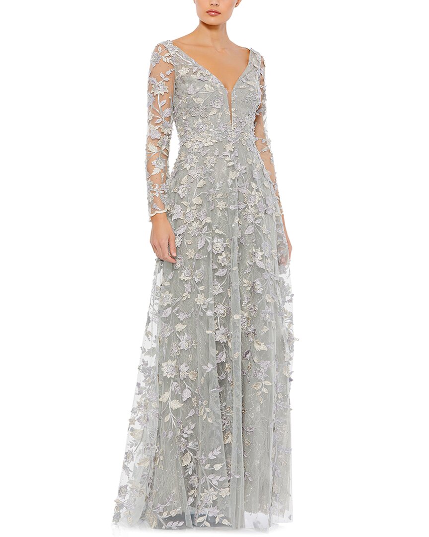 Mac Duggal Floral Applique Long Sleeve Illusion Gown