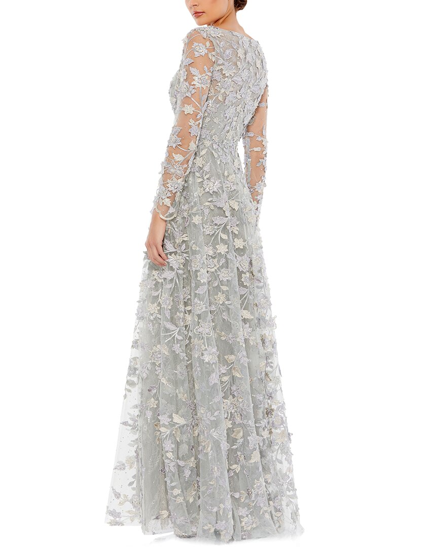 Mac Duggal Floral Applique Long Sleeve Illusion Gown