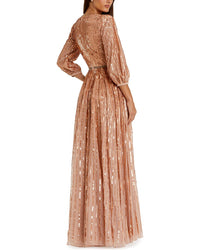 Mac Duggal Sequined Wrap Over 3/4 Sleeve Gown