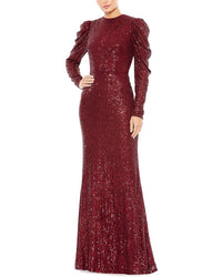 Mac Duggal Sequined High Neck Puff Long Sleeve Column Gown