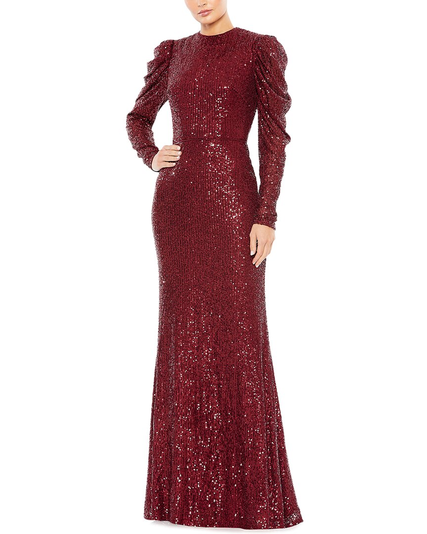 Mac Duggal Sequined High Neck Puff Long Sleeve Column Gown
