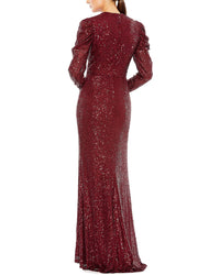 Mac Duggal Sequined High Neck Puff Long Sleeve Column Gown