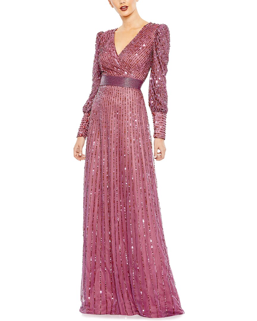 Mac Duggal Mac Duggal Sequin Mesh Wrap Over Bishop Sleeve A-Line Gown