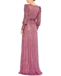 Mac Duggal Mac Duggal Sequin Mesh Wrap Over Bishop Sleeve A-Line Gown