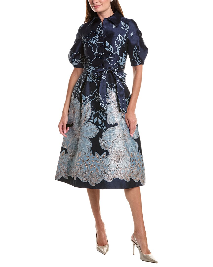 Teri Jon by Rickie Freeman Teri Jon By Rickie Freeman Metallic Jacquard Flower Border Print Puff Sleeve