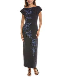 Lela Rose Ikat Floral Embroidered Fluid Crepe Sheath Dress