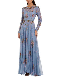 Mac Duggal Floral Bow Beaded Long Sleeve Gown