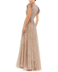 Mac Duggal Womens Sequined Wrap Over Ruffled Cap Sleeve Gown, 2